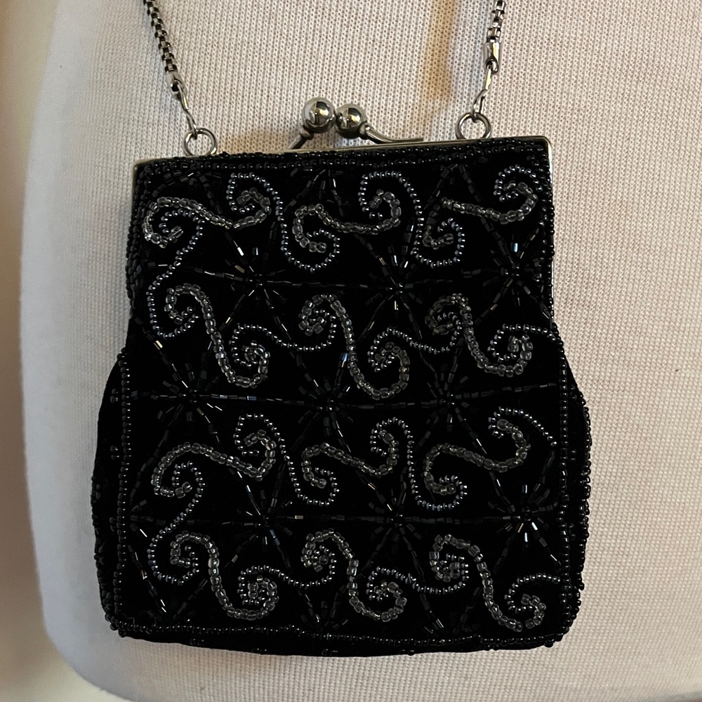 Black Beaded Evening Bag with Chain Strap